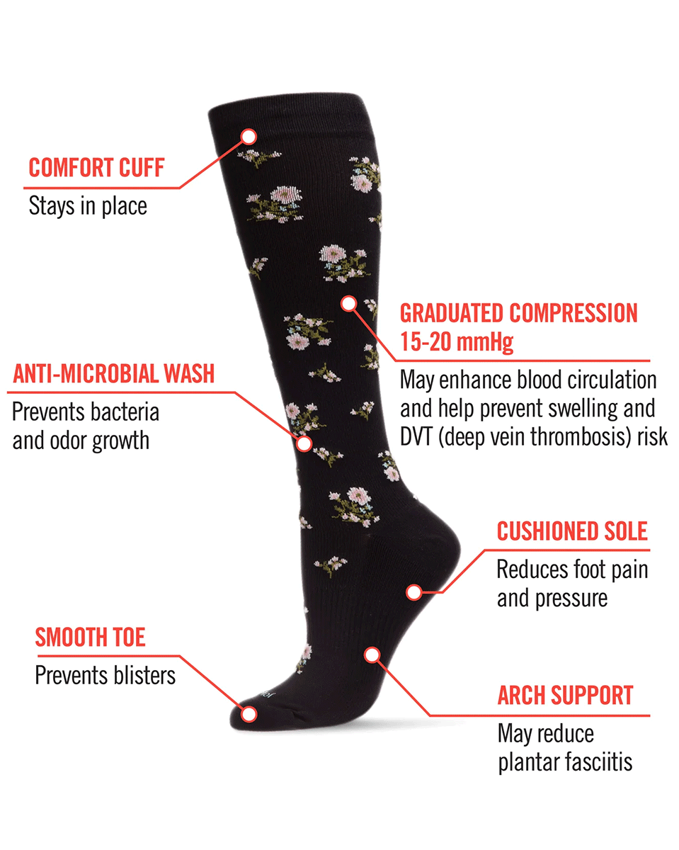 Memoi Women's Ditsy Floral Nylon 15-20mmhg Graduated Compression Socks